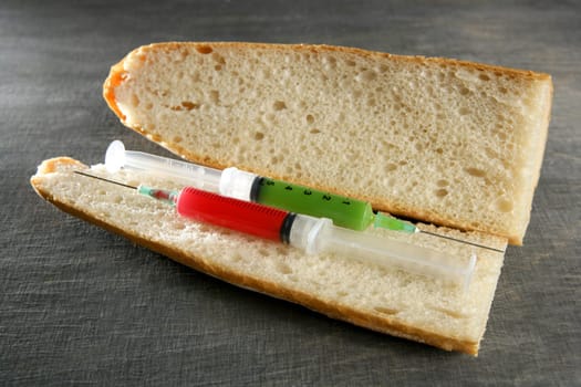 Doctor menu metaphor, two syringe in a bread sandwich