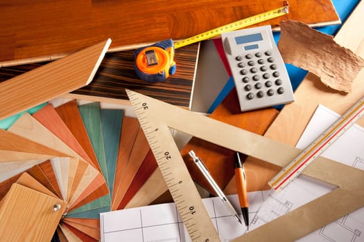 Architect interior designer or carpenter workplace with desk design tools