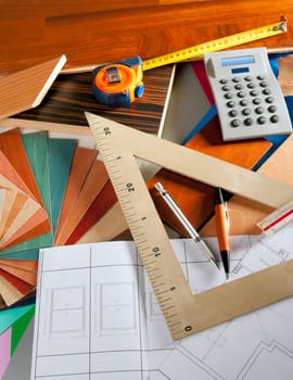 Architect interior designer or carpenter workplace with desk design tools