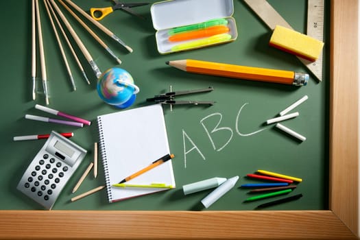 back to school concept with ABC written in school in green color blackboard