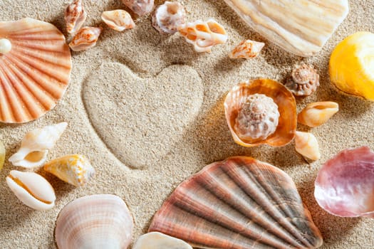 beach white sand with heart shape printed and shells such a summer vacation concept still life