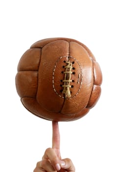 Football ball vintage retro brown leather in man hand