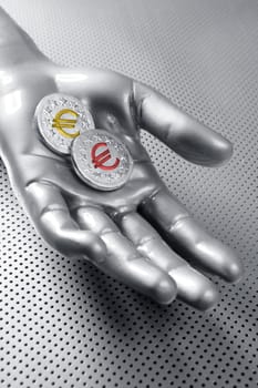 futuristic euro business coin in silver hand aluminum background