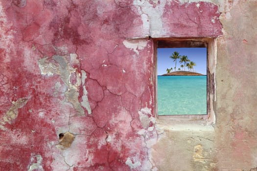 grunge pink red wall wood window topical palm trees island view