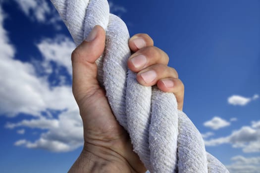 man hand grab grip strong climbing to sky big rope metaphor