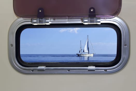 Boat porthole sailboat view blue ocean sea sky horizon
