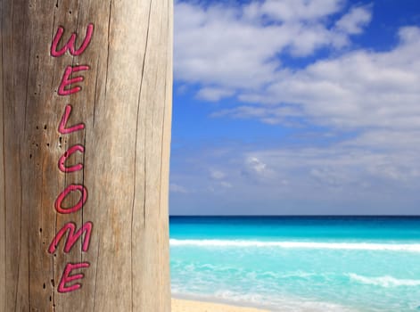 Caribbean tropical beach trunk with welcome word written