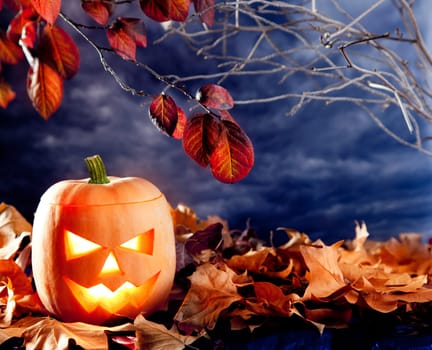 halloween lantern pumpkin  in dark sky clouds moonlight