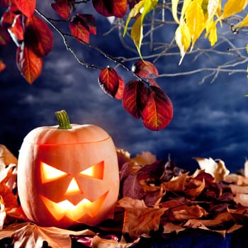 halloween lantern pumpkin  in dark sky clouds moonlight