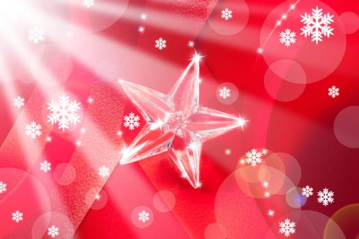 christmas glass star on red ribbon background