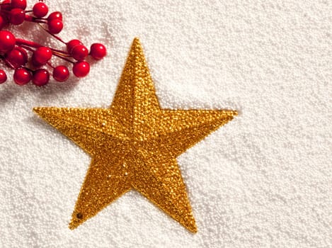 christmas golden star on snow with red berries on artificial background