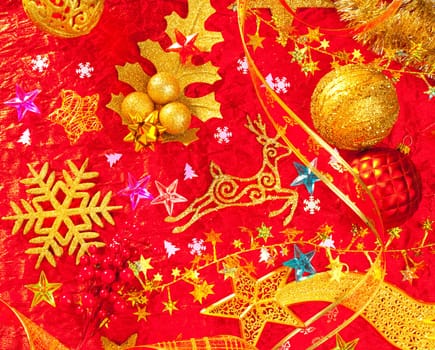 Christmas card background golden and red with baubles stars santa reindeer