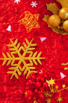 Christmas card snowflake golden and red background