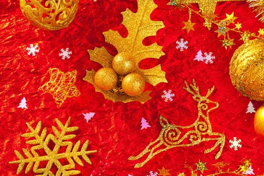 Christmas card background golden and red with baubles stars santa reindeer