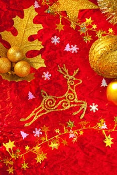 Christmas card background golden and red with baubles stars santa reindeer