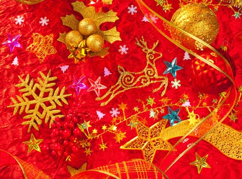 Christmas card background golden and red with baubles stars santa reindeer