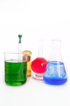 Chemist research laboratory with chemical colorful equipment over white