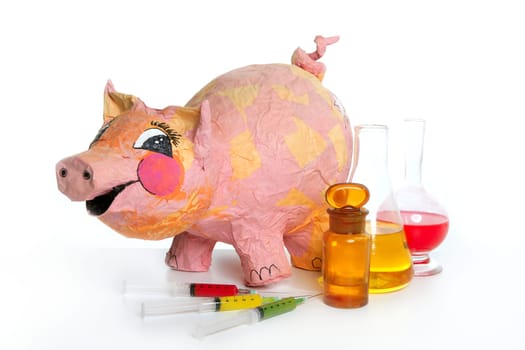 Beautiful little pink pig with medicine, swine AH1N1 flu metaphor