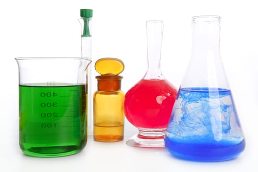 Chemist research laboratory with chemical colorful equipment over white