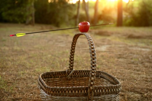 William tell metaphor with red apple and arrow in the forest