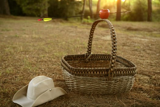 William tell metaphor with red apple and arrow in the forest