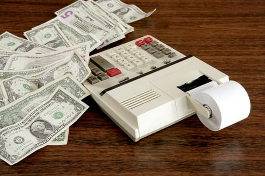 dollar notes calculator accountant office vintage retro wooden table