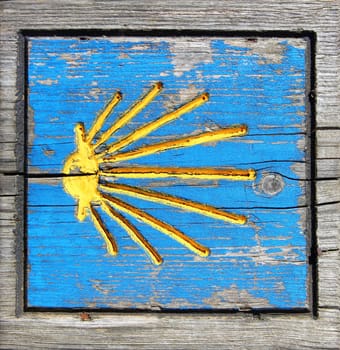 Way of Saint James wood pilgrims road sign shell shape