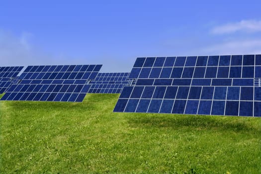 Clean electric energy solar plates generators in a green meadow