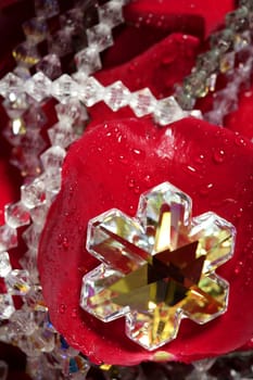 Shiny jewelry over bed or red rose petals