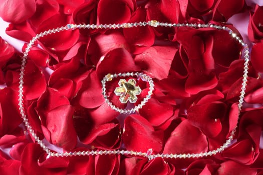 Shiny jewelry over bed or red rose petals