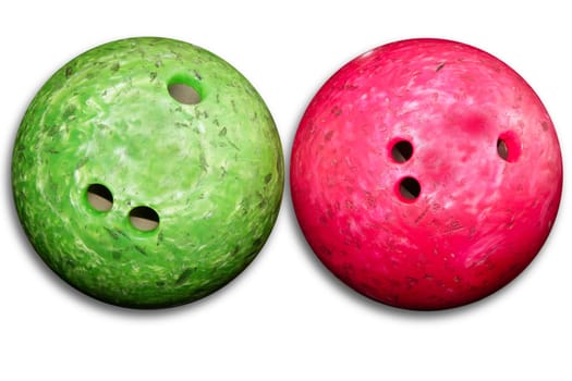 Bowling balls red an green isolated on white background