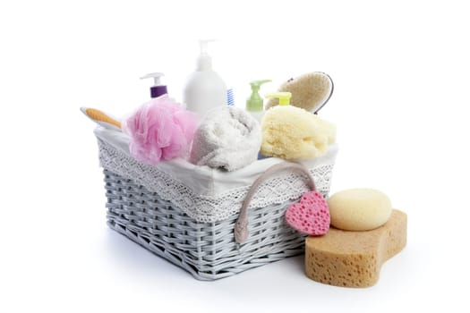 Toiletries stuff sponge gel shampoo and bath towels on white background