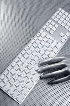 computer keyboard aluminum gray hand silver background