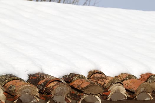 aged clay roof tiles snowed under snow architecture detail