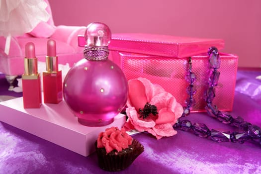 barbie style fashion makeup vanity dressing table pink and purple still photo