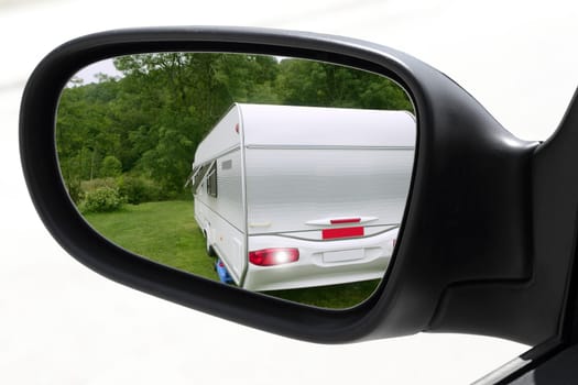 rearview car driving mirror meadow camping caravan