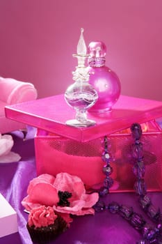barbie style fashion makeup vanity dressing table pink and purple still photo