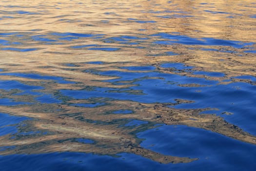 Abstract golden reflection blue water shapes texture background