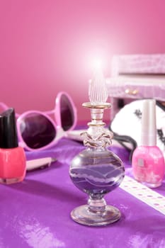 barbie style fashion makeup vanity dressing table pink and purple still photo