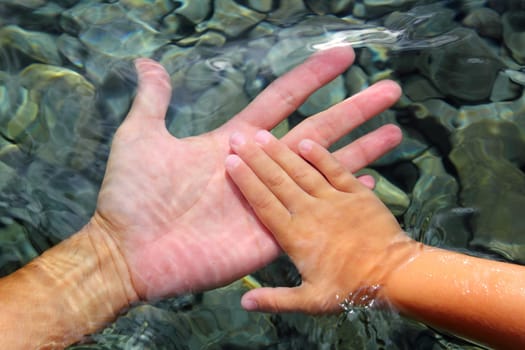 adult and children hands holding underwater wavy distorted