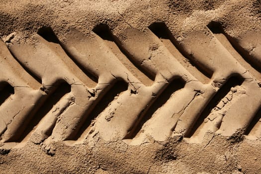 industrial tractor footprint on beach golden sand