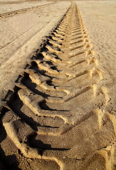 tractor tires pneus footprint printed on beach sand