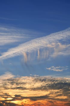 Dramatic red blue sky on sunset evening vibrant colors