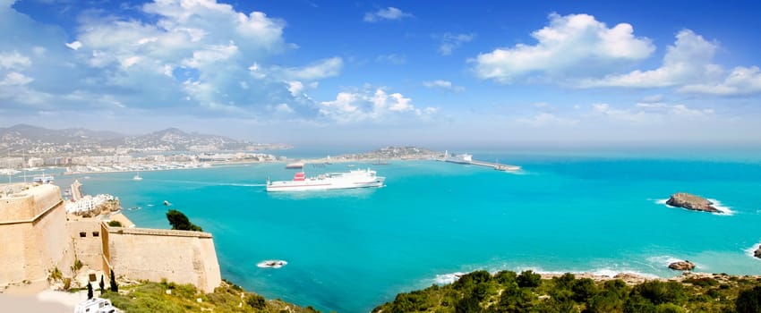 Ibiza panoramic view from up castle ferry boat Balearic islands
