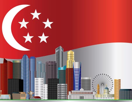 Singapore City Skyline with Singapore Flag Background Illustration
