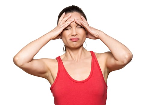 Portrait of expressive woman with severe headache in studio isolated on white background
