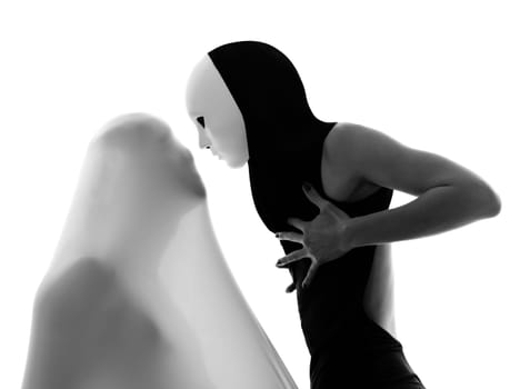 dancer performer mime with mask acting couple lovers conceptual in studio isolated on white background
