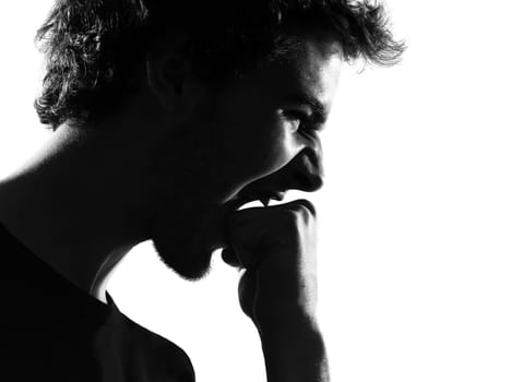 young man silhouette in studio isolated on white background