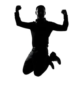 one caucasian business man jumping powerful  silhouette Full length in studio isolated on white background