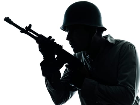 one caucasian army soldier man portrait on guard on studio isolated on white background